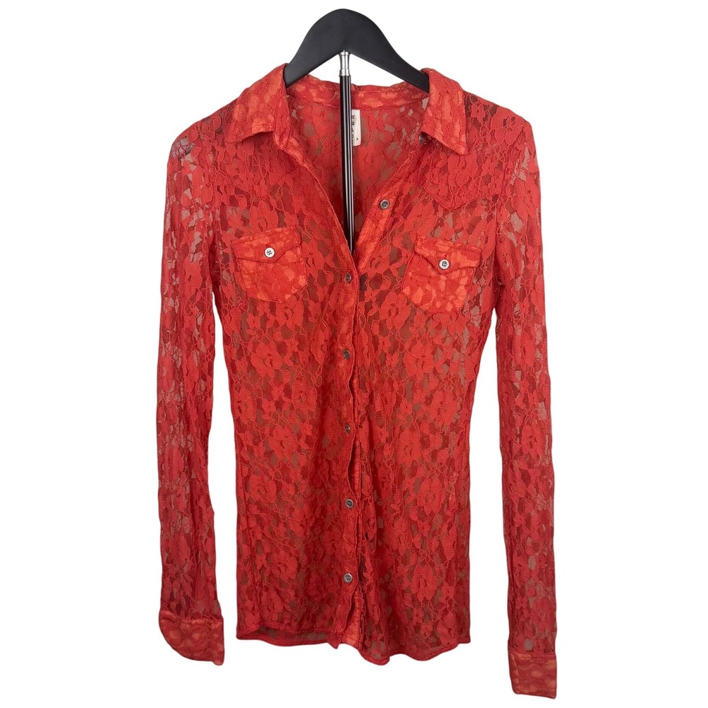 Roper Womens Floral Lace Western Button Down Shirt Coral Red Sheer XS